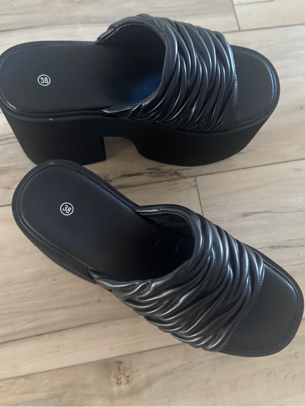 Black Platform Slide Sandals with Ruched Strap - Picture 3 of 5